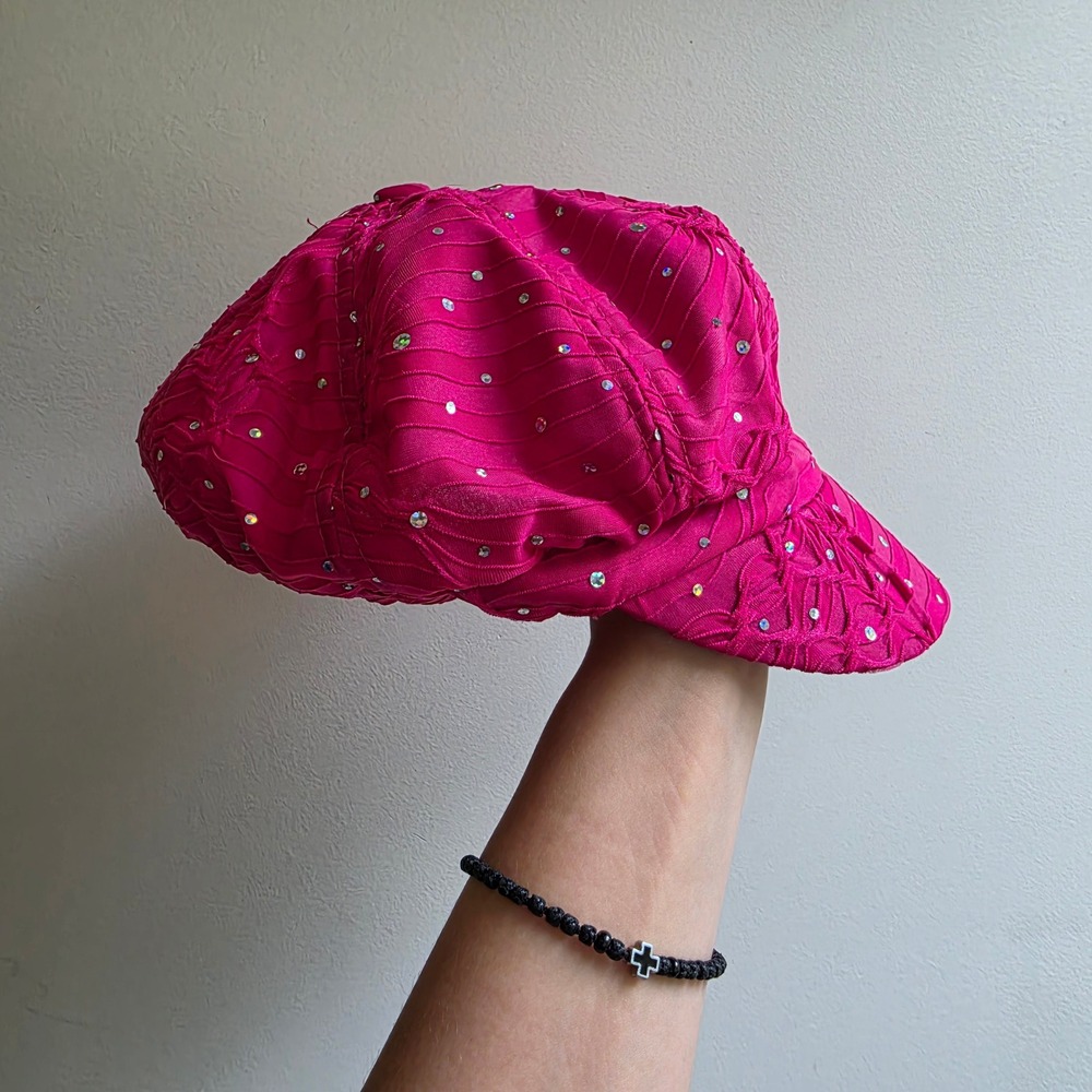 Y2K Glam Hot Pink Rhinestone Newsboy Cap Main Character Legally Blonde